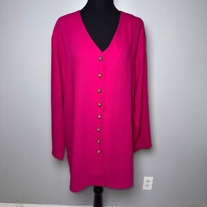 Catherine Ogust Collection Pink Button Front V-Neck Tunic Blouse Gold Buttons M